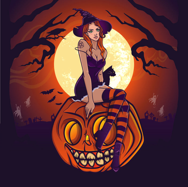 Illustration thème Halloween avec femme, citrouille, fantôme et lune