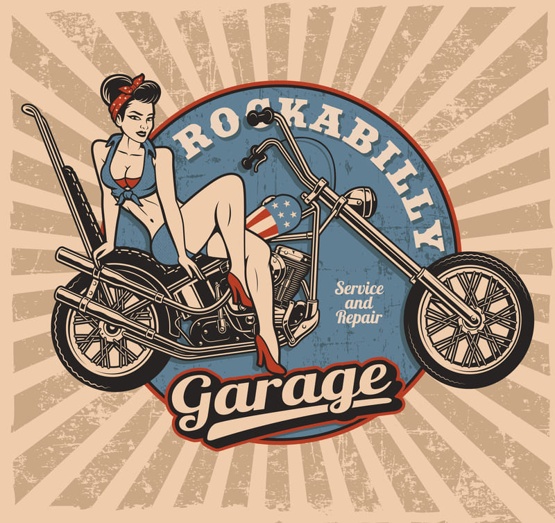 Dessin d'une pin-up USA sur sa moto