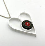 Large Heart Necklace in Red and Dark Gray Glass and Sterling Silver Framed