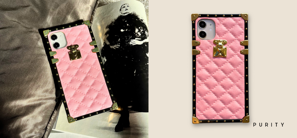 "PINK LEATHER" IPHONE 12 PRO CASE (QUILTED PHONE CASE)