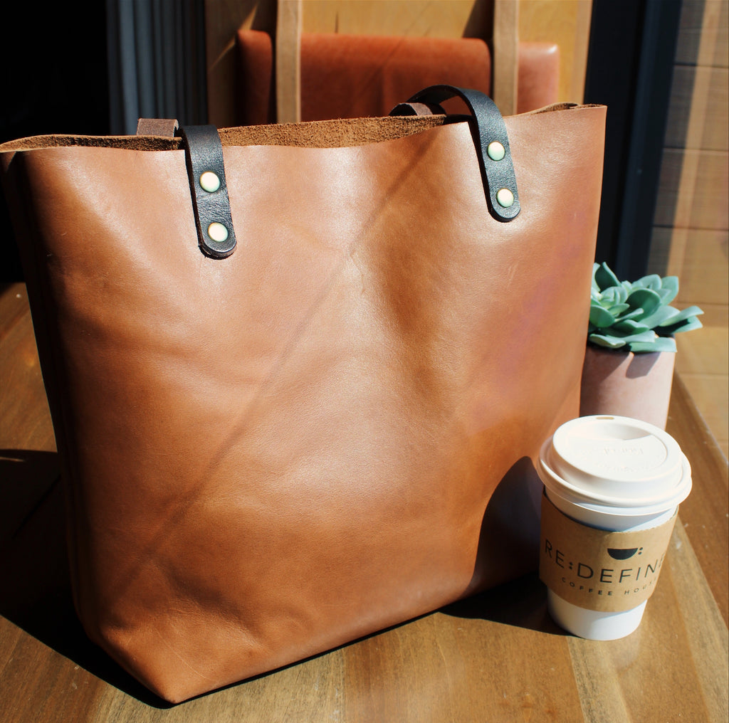 Kerry Noël Large Leather Tote in Brown with Black Handles