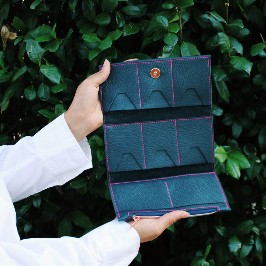 Navy Blue with Pink Stitching Leather Wallets Handmade by Kerry Noël are the perfect wallet for matching outfits in 2021!