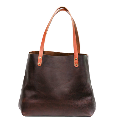 Women's Leather Tote Bags in Navy Blue with tan straps