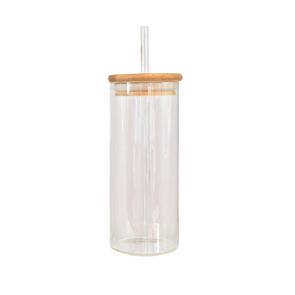 Transparent Can shape Glass Cups with Bamboo lid And Straw Ice