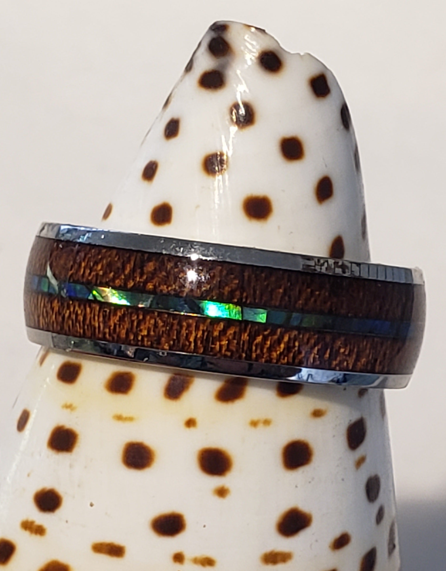Double Koa and Thin Abalone Shell Stainless Steel Ring Sizes 7 to 14