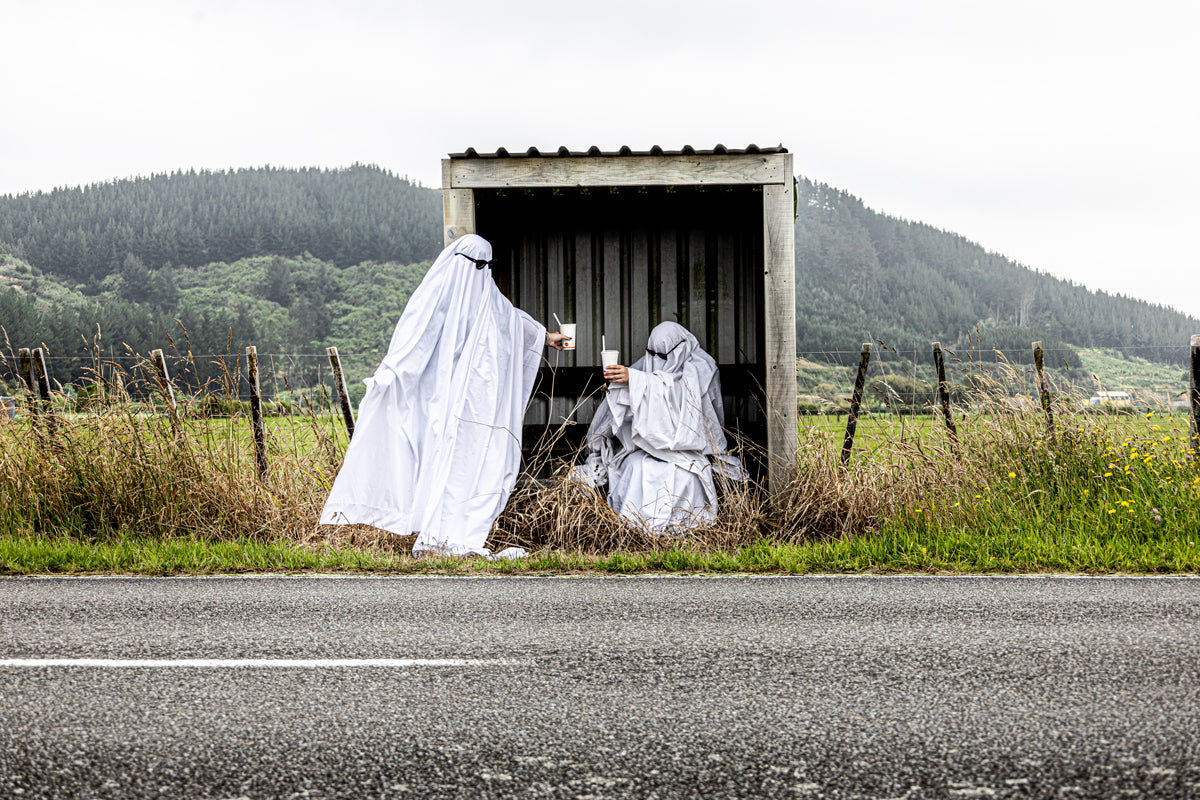 Ghosts at a bus shelter, Horowhenua