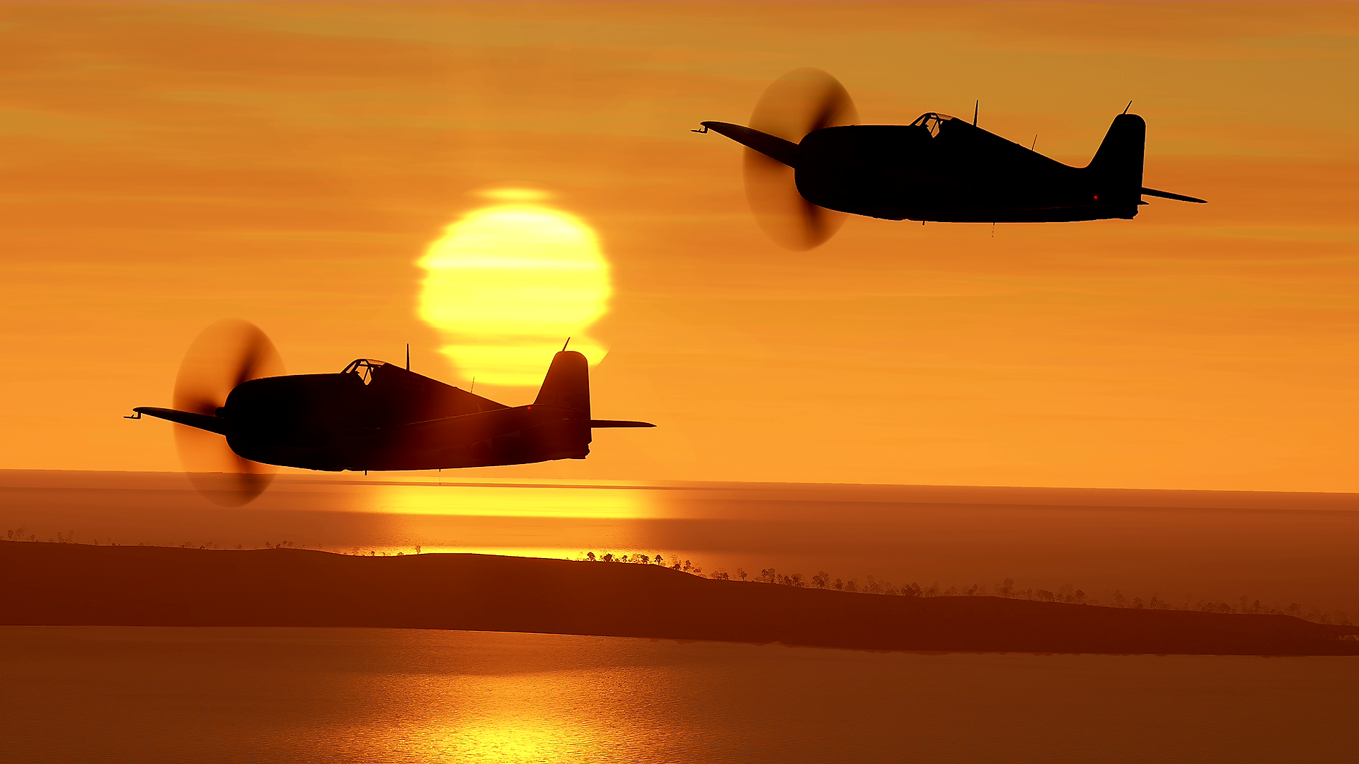 F6F Hellcat in formation with sunset behind them