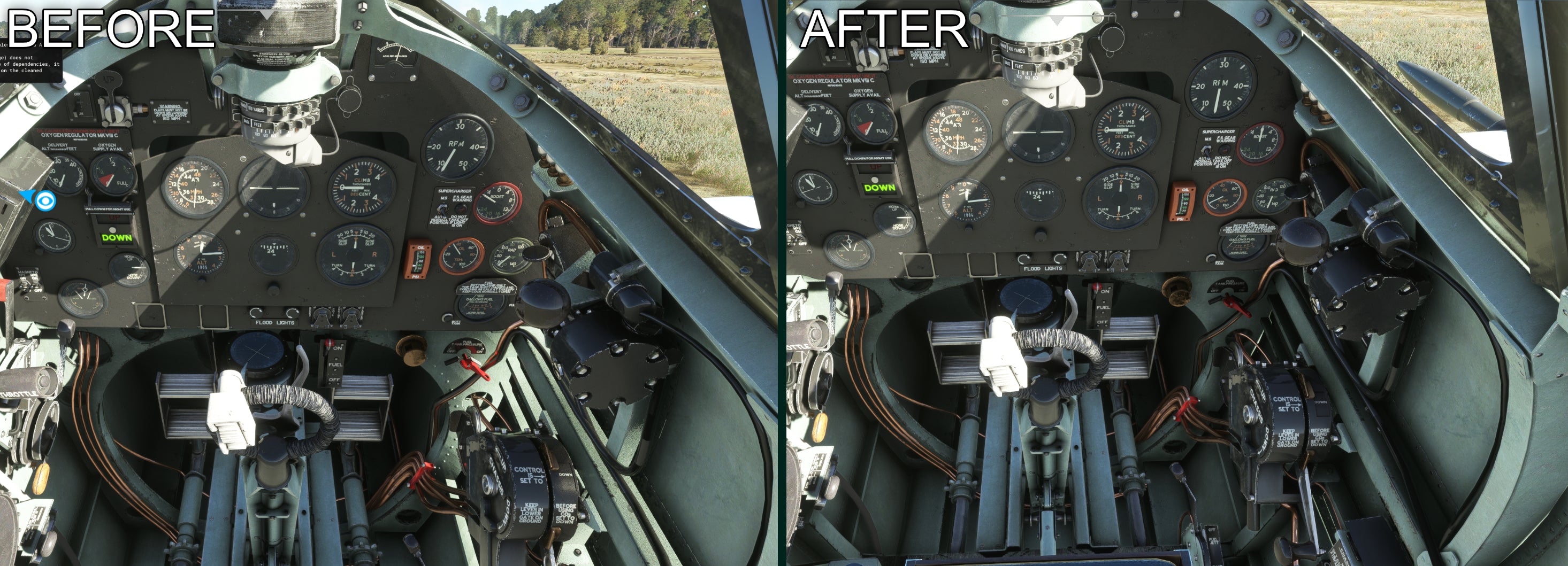 Spitfire cockpit before and after the light leaking fix