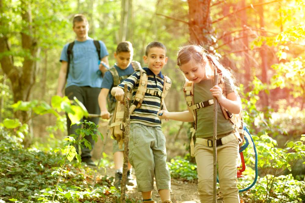 Group of kids in the forest on a hike