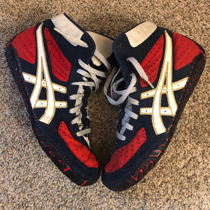 red and blue wrestling shoes