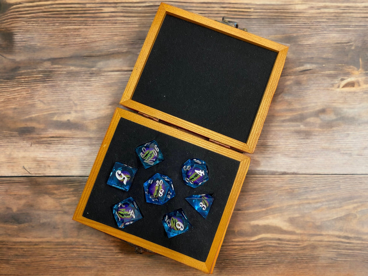 Floating Dragon Eye Polyhedral Dice Set In Limited Edition Wooden D&D Presentation Box