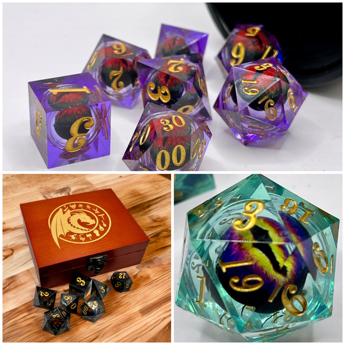 Floating Dragon Eye Polyhedral Dice Set In Limited Edition Wooden D&D Presentation Box