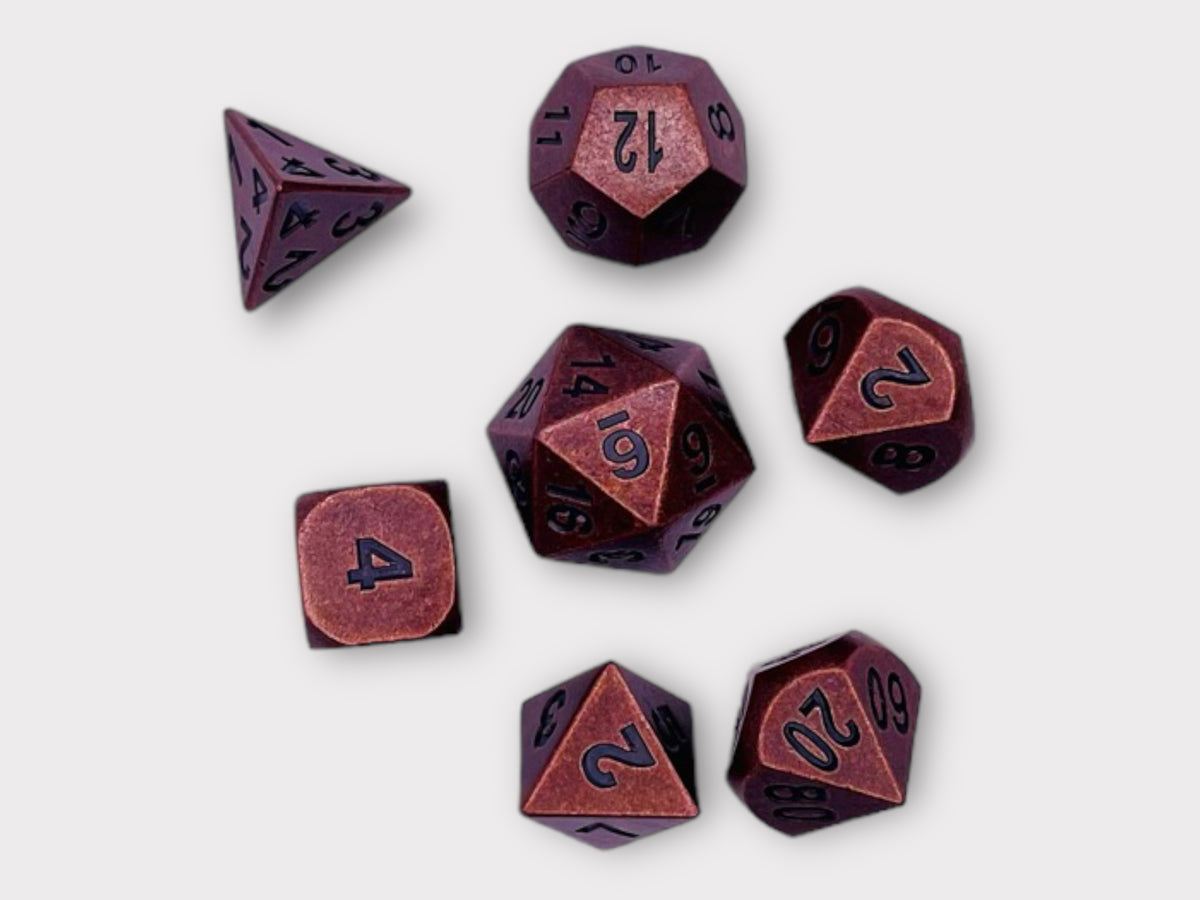 DICE Antique Copper Metal Polyhedral Set of 7 DnD Dice and Tumbler