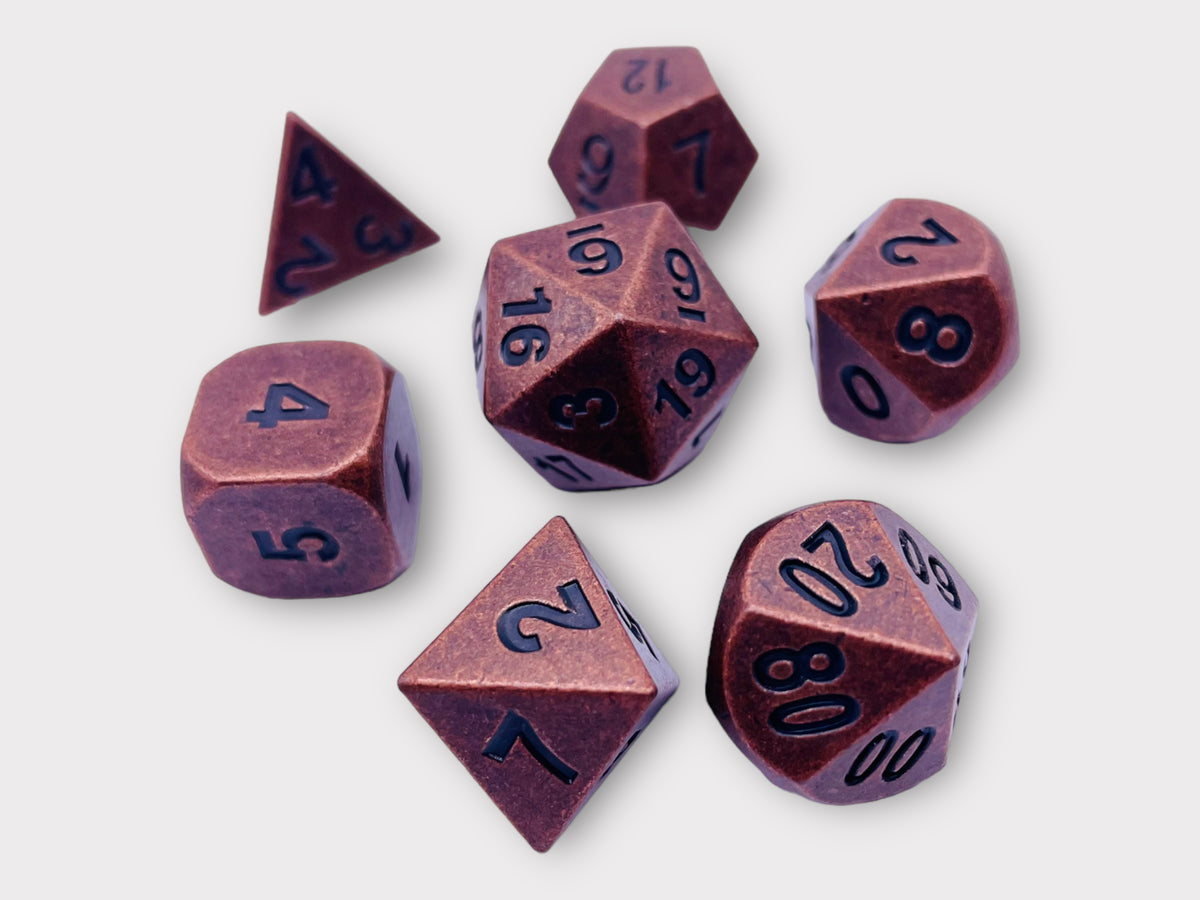 DICE Antique Copper Metal Polyhedral Set of 7 DnD Dice and Tumbler