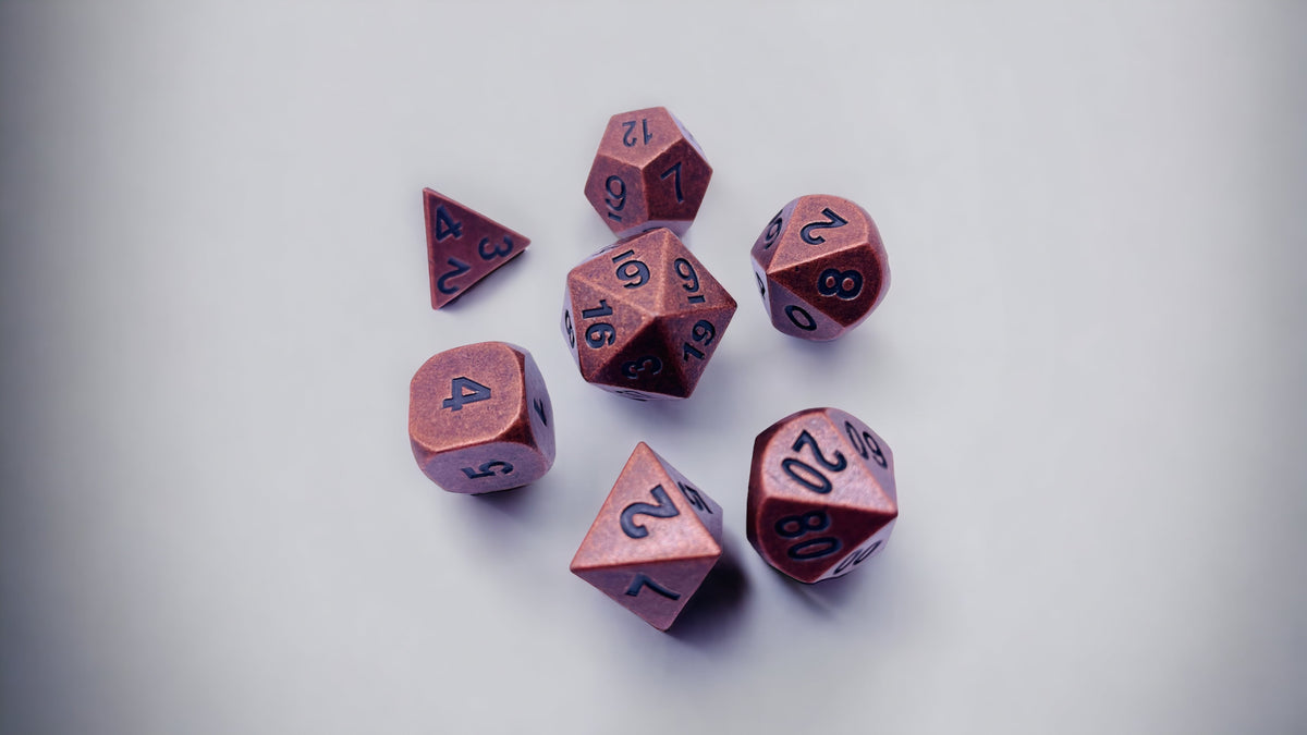 DICE Antique Copper Metal Polyhedral Set of 7 DnD Dice and Tumbler