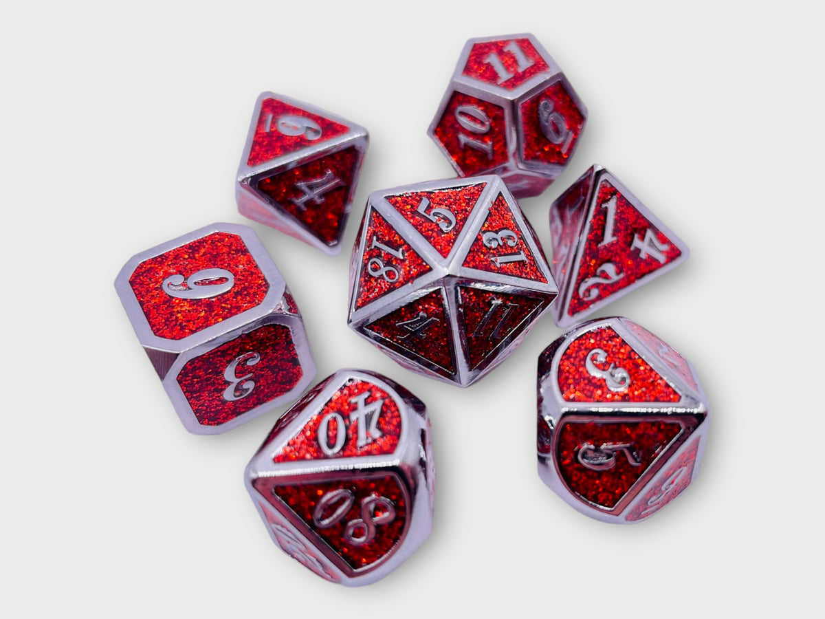 DICE Shimmering Red and Silver Metal Polyhedral Set of 7 DnD Dice and Tumbler