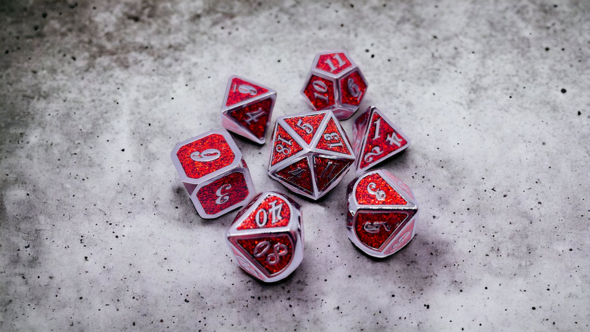 DICE Shimmering Red and Silver Metal Polyhedral Set of 7 DnD Dice and Tumbler