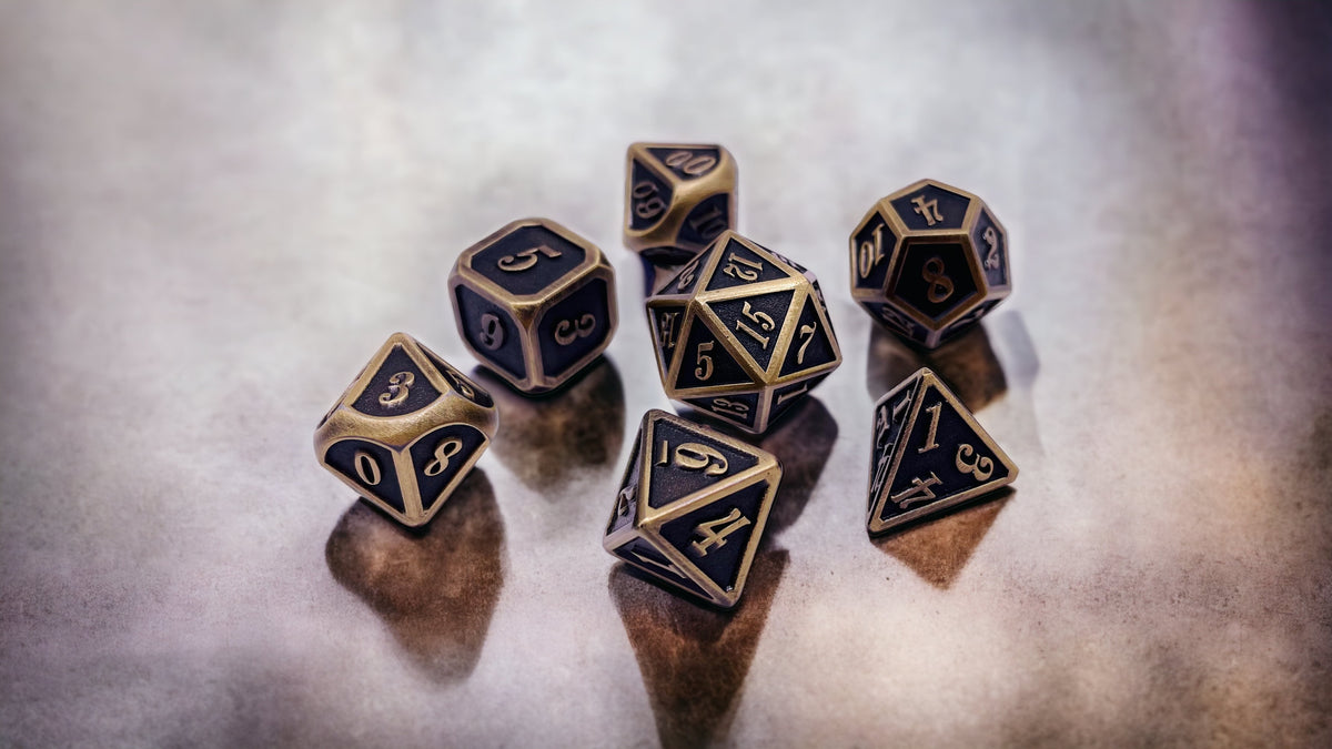 DICEAntique Bronze Metal PolyhedralSet of 7 DnD Dice and Tumbler