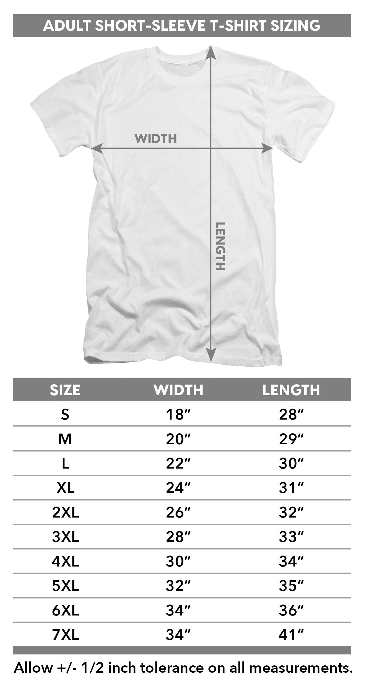 Adult Short Sleeve T Shirt Size Chart | Rock Band Merch