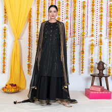 Load image into Gallery viewer, Black Round Neck, Sleeveless Embroidery Short Kurta Sharara Set With Dupatta (Set Of 3)
