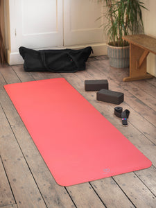 home yoga practice sustainable organic vinyasa flow yoga kit - rubber yoga mat brick pair yoga belt  and bag pink coral black