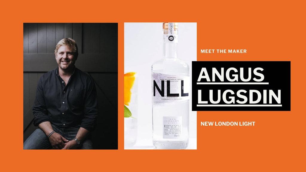 Photo of Angus Lugsdin sitting in front of a dark door and a bottle of New London Light against an orange background