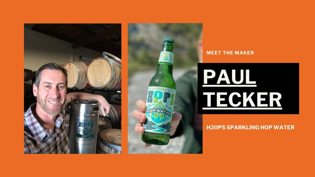 Close-up of Paul Tecker in a barrel cellar and a hand holding H2OPS Sparkling Hop Water against an orange background