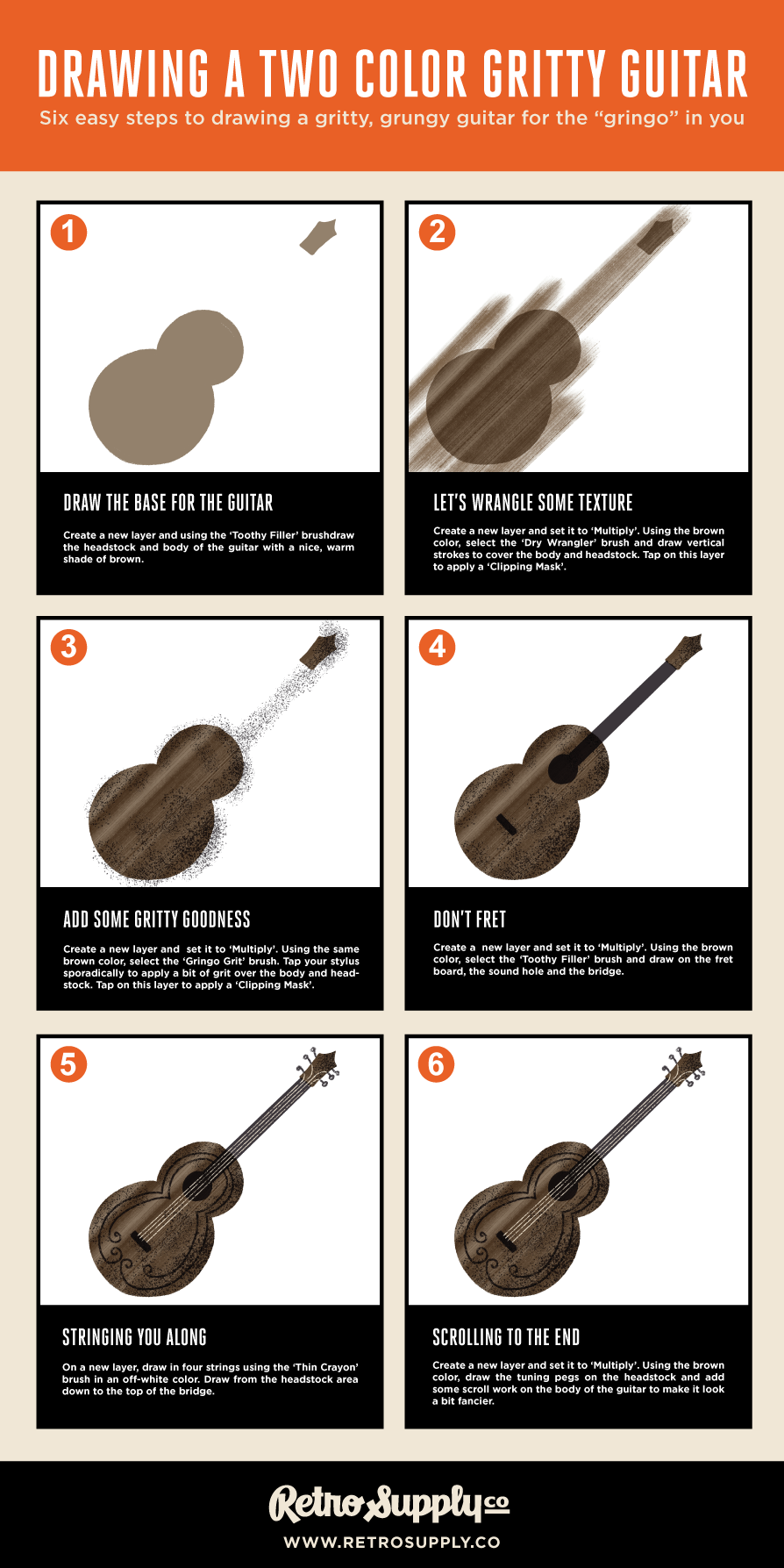 A step-by-step visual guide for illustrating a guitar in Procreate.