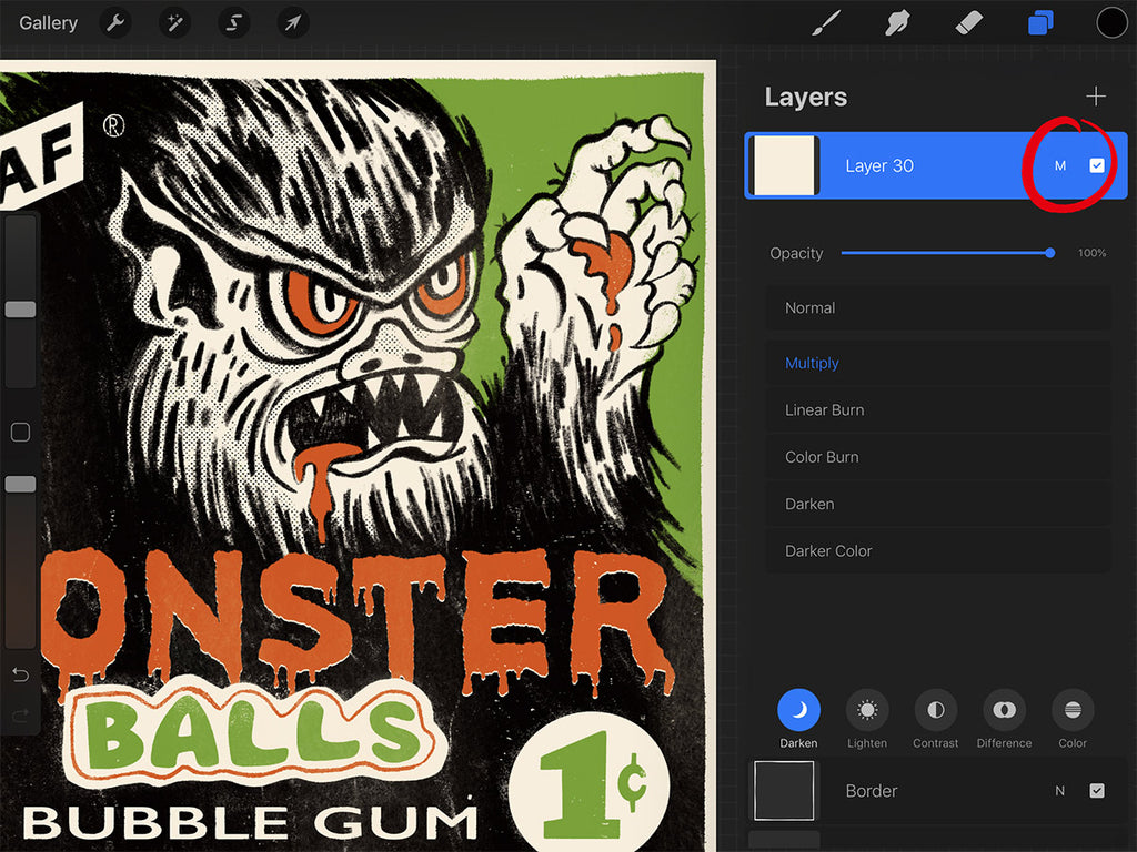 Procreate Layers Panel will dispaly blend modes by tapping the letter N on the layer