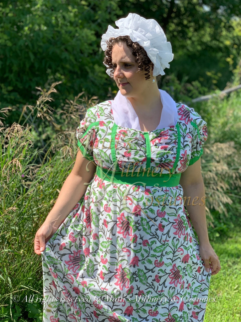 Henrietta Indian Block Print Cotton Regency Day Dress in green, pink p ...