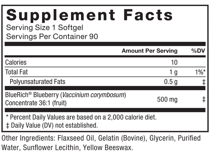 Ingredients You Can Trust: No Sugar, No Artificial Sweeteners, No Preservatives. Supplement Facts: Serving Size 1 Softgel, Servings Per Container 90, Amount Per Serving: Calories 10, Total Fat 1 g (1%*), Polyunsaturated Fats 0.5 g (‡), BlueRich® Blueberry (Vaccinium corymbosum) Concentrate 36:1 (fruit) 500 mg (‡). *Percent Daily Values are based on a 2,000 calorie diet. ‡Daily Value (DV) not established. Other Ingredients: Flaxseed Oil, Gelatin (Bovine), Glycerin, Purified Water, Sunflower Lecithin, Yellow Beeswax.