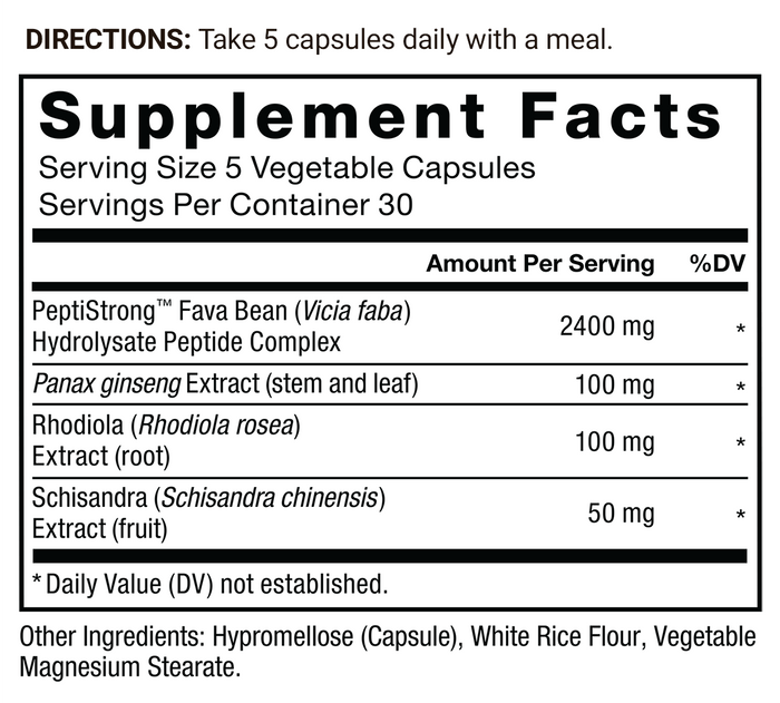 Ingredients You Can Trust: No Artificial Colors, No Artificial Flavors, No Gelatin, No Sugar, No Artificial Sweeteners, No Preservatives. Supplement Facts: Serving Size 5 Vegetable Capsules, Servings Per Container 30, Amount Per Serving %DV, PeptiStrong Fava Bean (Vicia faba) Hydrolysate Peptide Complex 2400 mg*, Panax ginseng Extract (stem and leaf) 100 mg*, Rhodiola (Rhodiola rosea) Extract (root) 100 mg*, Schisandra (Schisandra chinensis) Extract (fruit) 50 mg*, *Daily Value (DV) not established. Other Ingredients: Hypromellose (Capsule), White Rice Flour, Vegetable Magnesium Stearate.