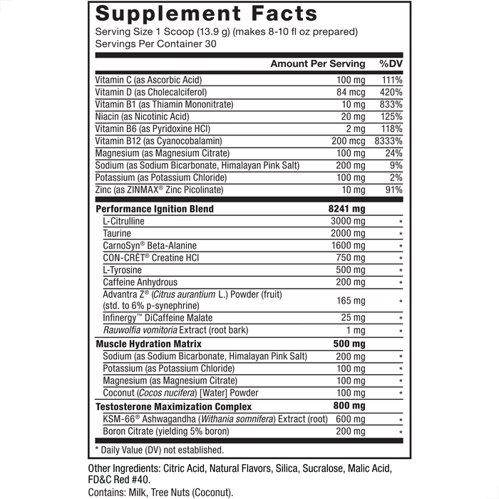 Ingredients You Can Trust: No Artificial Colors, No Artificial Flavors, No Gelatin, No Sugar, No Artificial Sweeteners, No Preservatives. Serving Size 1 Scoop (13.9 g) (makes 8-10 fl oz prepared). Servings Per Container: 30. Vitamin C (as Ascorbic Acid) 100 mg 111%, Vitamin D (as Cholecalciferol) 84 mcg 420%, Vitamin B1 (as Thiamin Mononitrate) 10 mg 833%, Niacin (as Nicotinic Acid) 20 mg 125%, Vitamin B6 (as Pyridoxine HCl) 2 mg 118%, Vitamin B12 (as Cyanocobalamin) 200 mcg 8333%, Magnesium (as Magnesium Citrate) 100 mg 24%, Sodium (as Sodium Bicarbonate, Himalayan Pink Salt) 200 mg 9%, Potassium (as Potassium Chloride) 100 mg 2%, Zinc (as ZINMAX® Zinc Picolinate) 10 mg 91%. Pump Endurance Strength Energy Matrix 8241 mg: L-Citrulline 3000 mg*, Taurine 2000 mg*, CarnoSyn® Beta Alanine 1600 mg*, CON-CRĒT Creatine HCl 750 mg*, L-Tyrosine 500 mg*, Caffeine Anhydrous 200 mg*, Advantra Z (Citrus aurantium L.) Powder (fruit) (std. to 6% p-synephrine) 165 mg*, Infinergy™ DiCaffeine Malate 25 mg*, Rauwolfia vomitoria Extract (root bark) 1 mg*, Muscle Hydration Matrix 500 mg: Sodium (as Sodium Bicarbonate, Himalayan Pink Salt) 200 mg*, Potassium (as Potassium Chloride) 100 mg*, Magnesium (as Magnesium Citrate) 100 mg*, Coconut (Cocos nucifera) [Water] Powder 100 mg*, Testosterone and Strength Boosting Blend 800 mg: KSM-66 Ashwagandha (Withania somnifera) Extract (root) 600 mg*, Boron Citrate (yielding 5% boron) 200 mg*. *Daily Value (DV) not established. Other Ingredients: Citric Acid, Natural Flavors, Silica, Sucralose, Malic Acid, FD&C Red #40. Contains: Milk, Tree Nuts (Coconut). 