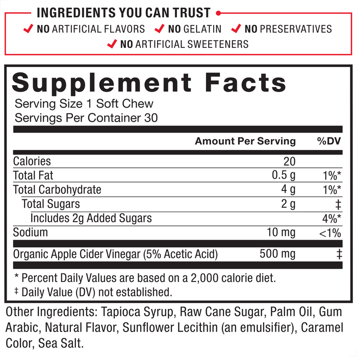 Ingredients You Can Trust: No Artificial Flavors, No Gelatin, No Artificial Sweeteners, No Preservatives. Supplement Facts: Serving Size: 1 Soft Chew, Servings Per Container: 30, Calories 20, Total Fat, 0.5 g 1%*, Total Carbohydrate, 4 g 1%*, Total Sugars, 2 g‡, Includes 2 g Added Sugars 4%*, Sodium, 10 mg <1%, Organic Apple Cider Vinegar (5% Acetic Acid) 500 mg‡. Other Ingredients: Tapioca Syrup, Raw Cane Sugar, Palm Oil, Gum Arabic, Natural Flavor, Sunflower Lecithin (an emulsifier), Caramel Color, Sea Salt. *Percent Daily Values are based on a 2,000 calorie diet. ‡Daily Value (DV) not established.