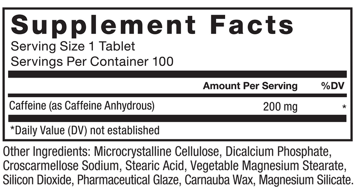 Ingredients You Can Trust: No Artificial Colors, No Artificial Flavors, No Gelatin, No Sugar, No Artificial Sweeteners, No Preservatives. Serving Size 1 Tablet, Servings Per Container 100, Amount Per Serving, % DV, Caffeine (as Caffeine Anhydrous), 200 mg*, Daily Value (DV) not established. Other Ingredients: Microcrystalline Cellulose, Dicalcium Phosphate, Croscarmellose Sodium, Stearic Acid, Vegetable Magnesium Stearate, Silicon Dioxide, Pharmaceutical Glaze, Carnauba Wax, Magnesium Silicate.