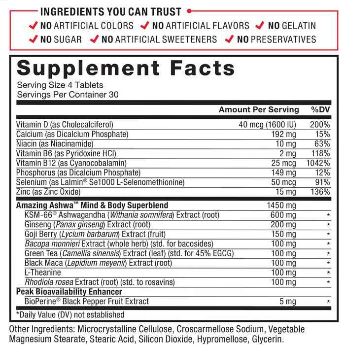 Ingredients You Can Trust: No Artificial Colors, No Artificial Flavors, No Gelatin, No Sugar, No Artificial Sweeteners, No Preservatives. Serving Size 4 Tablets, Servings Per Container 30. Amount Per Serving %DV*: Vitamin D (as Cholecalciferol) 40mcg (1600 IU) 200%, Calcium (as Dicalcium Phosphate, Tricalcium Phosphate) 192mg 15%, Niacin (as Niacinamide) 10mg 63%, Vitamin B6 (as Pyridoxine HCl) 2mg 118%, Vitamin B12 (as Cyanocobalamin) 25mcg 1042%, Selenium (as Lalmin Se1000 L-Selenomethionine) 50mcg 91%, Zinc (as Zinc Oxide) 15mg 136%, Amazing Ashwa Mind & Body Superblend 1450mg*: KSM-66 Ashwagandha (Withania somnifera) Extract (root) 600mg*, Ginseng (Panax ginseng) 200mg*, Goji Berry (Lycium barbarum) Extract (fruit) 150mg*, Bacopa monnieri Extract (whole herb) (std. for bacosides) 100mg*, Green Tea (Camellia sinensis) Extract (leaf) (std. For 45% EGCG) 100mg*, Black Maca (Lepidium meyenii) Extract (root) 100mg, L-Theanine 100mg*, Rhodiola rosea Extract (std. to rosavins) 100mg*, Peak Bioavailability Enhancer: BioPerine Black Pepper Fruit Extract 5mg*. Other Ingredients: Microcrystalline Cellulose,Hydroxypropyl Cellulose, Stearic Acid,   Croscarmellose Sodium, Silicon Dioxide, Vegetable Magnesium Stearate, Hypromellose, Glycerin. Contains: Milk.*Daily Value (DV) not established.