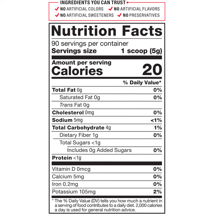 Ingredients You Can Trust: No Artificial Colors, No Artificial Flavors, No Artificial Sweeteners, No Preservatives. Serving Size: 1 Scoop (5g). Servings Per Container: 90. Amount Per Serving: Calories 20; Total Fat 0g 0%*, Saturated Fat 0g 0%*, Trans Fat 0g, Cholesterol 0mg 0%*, Sodium 5mg <1%*, Total Carbohydrate 4g 1%*, Dietary Fiber 1g 0%*, Total Sugars <1%*, Includes 0g Added Sugars 0%*, Protein <1g, Vitamin D 0mcg 0%*, Calcium 5mg 0%*, Iron 0.2mg 0%*, Potassium 105mg 2%*. * The % Daily Value (DV) tells you how much a nutrient in a serving of food contributes to a daily diet. 2,000 calories a day is used for general nutrition advice. Ingredients: Organic Beet Root
