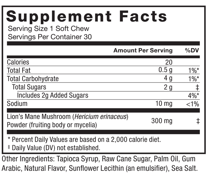 Ingredients You Can Trust: No Gelatin, No Artificial Sweeteners, No Preservatives. Supplement Facts, Serving Size: 1 Soft Chew, Servings Per Container: 30, Amount Per Serving %DV, Calories: 20, Total Fat: 0.5 g, 1%, Total Carbohydrate: 4 g, 1%, Total Sugars: 2 g‡, Includes 2g Added Sugars: 4%*, Sodium: 10 mg, <1%, Lion’s Mane Mushroom (Hericium erinaceus) Powder (fruiting body or mycelia): 300 mg‡. *Percent Daily Values are based on a 2,000 calorie diet. ‡Daily Value (DV) not established. Other Ingredients: Tapioca Syrup, Raw Cane Sugar, Palm Oil, Gum Arabic, Natural Flavor, Sunflower Lecithin (an emulsifier), Sea Salt.