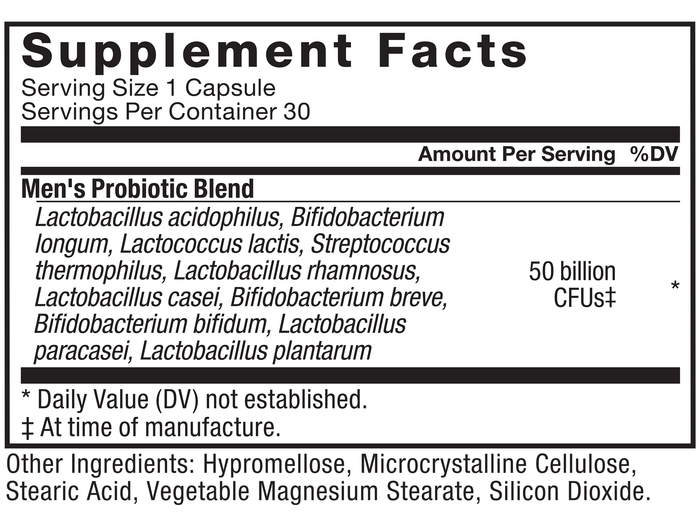 Ingredients You Can Trust: No Artificial Colors, No Artificial Flavors, No Gelatin, No Sugar, No Artificial Sweeteners, No Preservatives. Serving Size: 1 Capsule, Servings Per Container: 30. Amount Per Serving: Men's Probiotic Blend - 50 billion CFUs‡*, Lactobacillus acidophilus, Bifidobacterium longum, Lactococcus lactis, Streptococcus thermophilus, Lactobacillus rhamnosus, Lactobacillus casei, Bifidobacterium breve, Bifidobacterium bifidum, Lactobacillus paracasei, Lactobacillus plantarum. *Daily Value (DV) not established, ‡At time of manufacture, Other Ingredients: Hypromellose, Microcrystalline Cellulose, Stearic Acid, Vegetable Magnesium Stearate, Silicon Dioxide.