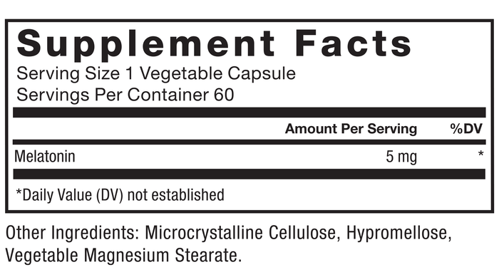 Ingredients You Can Trust: No Artificial Colors, No Artificial Flavors, No Gelatin, No Sugar, No Artificial Sweeteners, No Preservatives. Serving Size: 1 Vegetable Capsule, Servings Per Container: 60. Amount Per Serving % DV, Melatonin 3 mg*, *Daily Value (DV) not established. Other ingredients: Microcrystalline Cellulose, Hypromellose, Vegetable Magnesium Stearate.