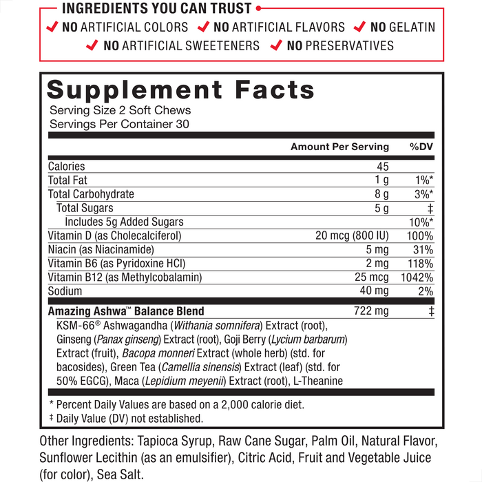 Ingredients You Can Trust: No Artificial Dyes, No Gelatin, No Artificial Sweeteners. Serving Size 2 Soft Chews; Servings Per Container 30. Amount Per Serving %DV* Calories 45, Total Fat 1 g 1%*, Total Carbohydrate 8 g 3%*, Total Sugars 5 g‡ (Includes 5g Added Sugars) 10%*, Vitamin D (as Cholecalciferol) 20 mcg (800 IU) 100%, Niacin (as Niacinamide) 5 mg 31%, Vitamin B6 (as Pyridoxine HCl) 2 mg 118%, Vitamin B12 (as Methylcobalamin) 25 mcg 1042%, Sodium 40 mg 2%, Amazing Ashwa Balance Blend 722mg‡: KSM-66® Ashwagandha (Withania somnifera) Extract (root), Red Ginseng (Panax ginseng) Extract (root), Goji Berry (Lycium barbarum) Extract (fruit) Bacopa monnieri Extract (leaf) (std. for bacosides), Green Tea (Camellia sinensis) Extract (leaf) (std. for 50% EGCG), Maca (Lepidium meyenii) Extract (root), L-theanine. Other Ingredients: Tapioca Syrup, Raw Cane Sugar, Palm Oil, Natural Flavor, Sunflower Lecithin (an emulsifier), Citric Acid, Fruit and Vegetable Juice (for color), Sea Salt.*Percent Daily Values are based on 2,000 calorie diet. ‡ Daily Values (DV) not established.