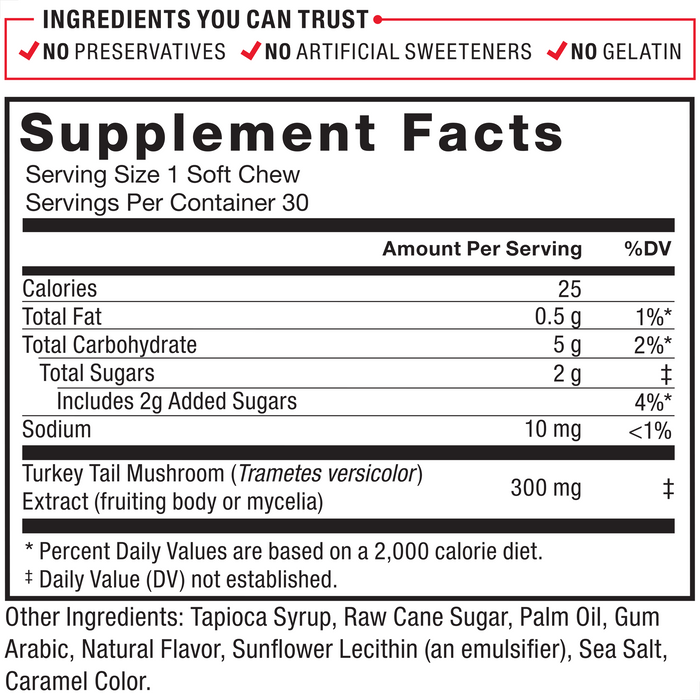 Ingredients You Can Trust: No Artificial Sweeteners, No Gelatin, No Preservatives. Serving Size 1 Soft Chew, Servings Per Container: 30. Amount Per Serving: 25, Total Fat, 0.5 g 1%*, Total Carbohydrate, 5 g 2%*, Total Sugars, 2 g ‡, Includes 2g Added Sugars, 4%*, Sodium, 10 mg, <1%, Turkey Tail Mushroom (Trametes versicolor) Extract (fruiting body or mycelia), 300 mg ‡, *Percent Daily Values are based on a 2,000 calorie diet. ‡ Daily Value (DV) not established. Other Ingredients: Tapioca Syrup, Raw Cane Sugar, Palm Oil, Gum Arabic, Natural Flavor, Sunflower Lecithin (an emulsifier), Sea Salt, Caramel Color.