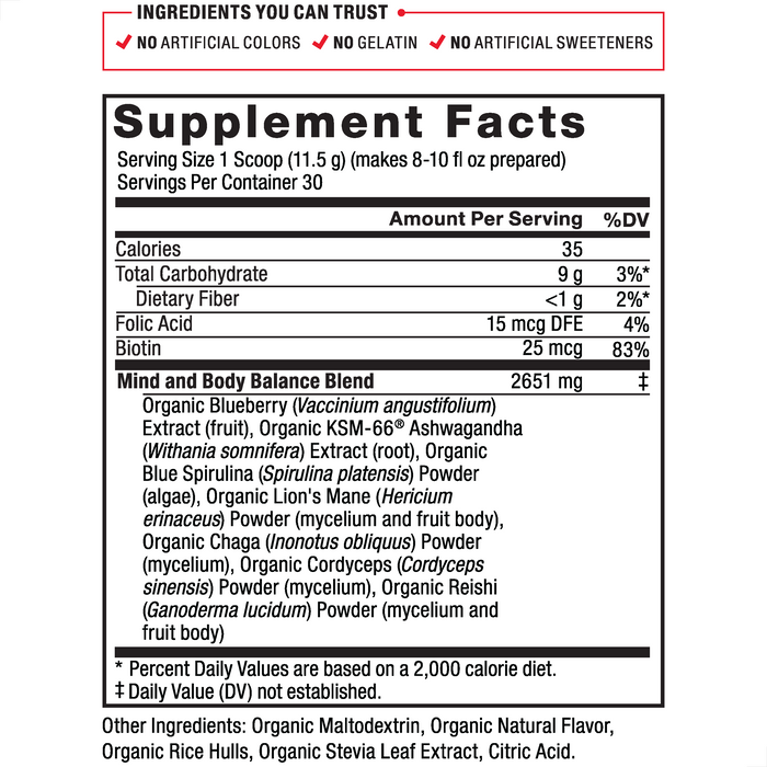 Serving Size: 1 Scoop 11.5 g, Servings Per Container: 30. Calories 35, Total Carbohydrate 9 g 3%*, Dietary Fiber <1 g 2%*, Folic Acid 15 mcg DFE 4%, Biotin 25 mcg	83%, Mind and Body Balance Blend 2651 mg‡: Organic Blueberry (Vaccinium angustifolium) Extract (fruit), Organic KSM-66® Ashwagandha (Withania somnifera) Extract (root), Organic Blue Spirulina (Spirulina platensis) Powder (algae), Organic Lion's Mane (Hericium erinaceus) Powder (mycelium and fruit body), Organic Chaga (Inonotus obliquus) Powder (mycelium), Organic Cordyceps (Cordyceps sinensis) Powder (mycelium), Organic Reishi (Ganoderma lucidum) Powder (mycelium and fruit body). Other Ingredients: Organic Maltodextrin, Organic Natural Flavor, Organic Stevia Leaf Extract, Citric Acid. *Percent Daily Values are based on a 2,000 calorie diet. ‡Daily Value (DV) not established