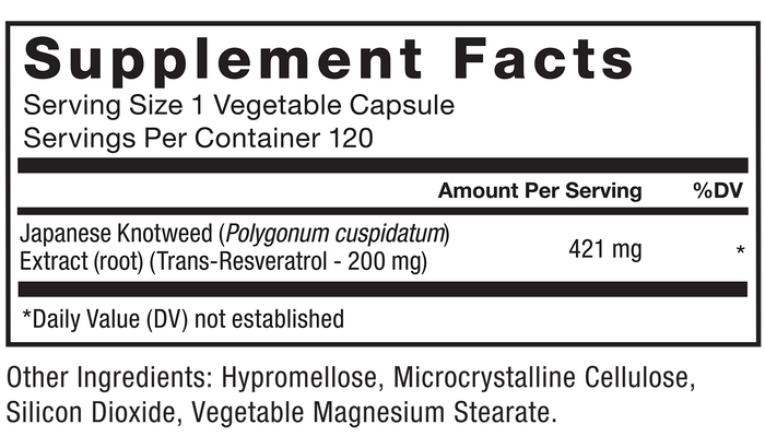 Ingredients You Can Trust: No Artificial Colors, No Artificial Flavors, No Gelatin, No Sugar, No Artificial Sweeteners, No Preservatives. Serving Size: 1 Vegetable Capsule, Servings Per Container: 120. Amount Per Serving % DV, Japanese Knotweed (Polygonum cuspidatum) Extract (root) (Trans-Resveratrol - 200 mg) 421mg*, *Daily Value (DV) not established. Other Ingredients: Hypromellose, Microcrystalline Cellulose, Silicon Dioxide, Vegetable Magnesium Stearate.