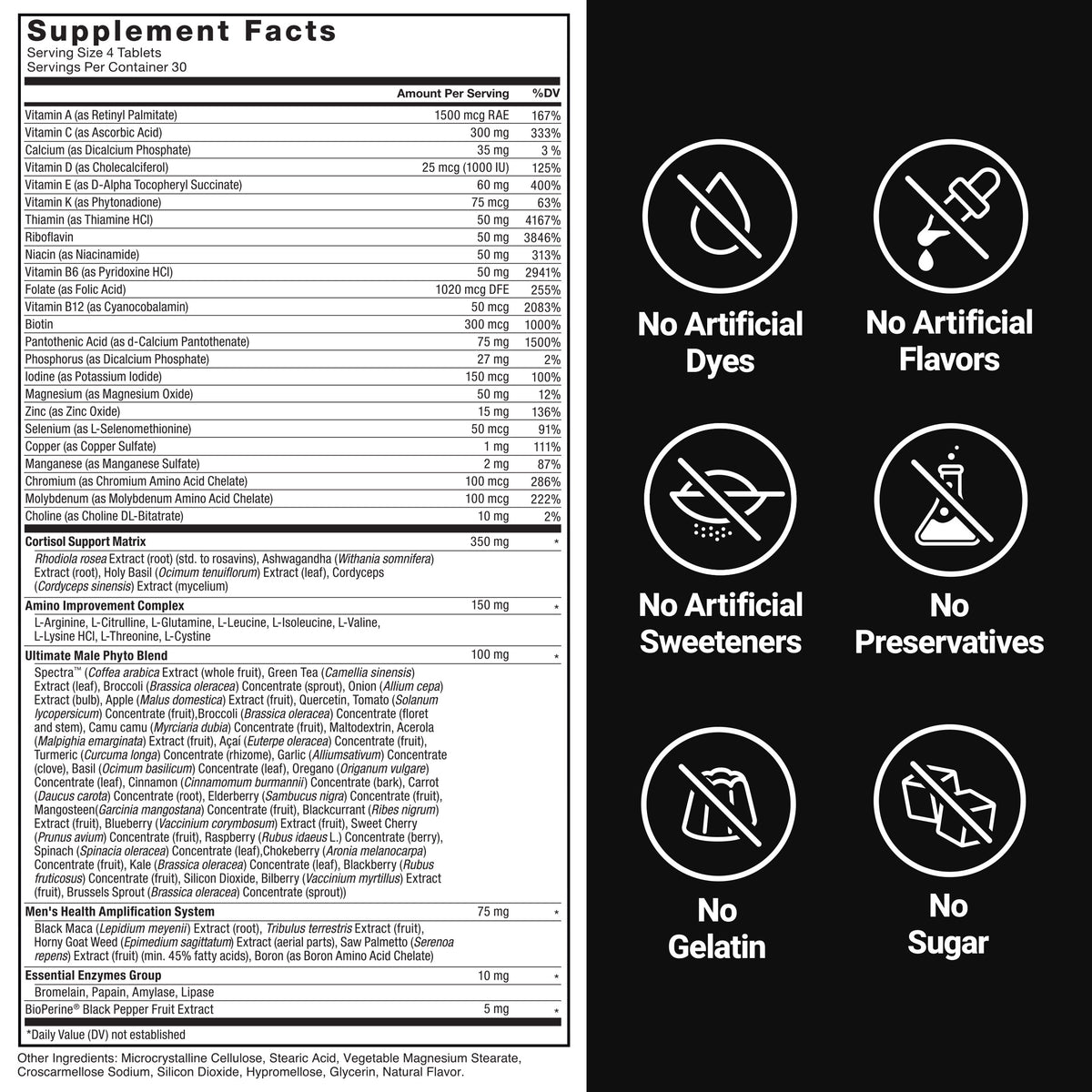 Ingredients You Can Trust: No Artificial Colors, No Artificial Flavors, No Gelatin, No Sugar, No Artificial Sweeteners, No Preservatives. Supplement Facts: Serving Size 4 Tablets; Servings Per Container: 30; Vitamin A (as Retinyl Palmitate) 1500mcg RAE, 167% DV; Vitamin C (as Ascorbic Acid) 300mg, 333% DV; Calcium (as Dicalcium Phosphate) 35mg, 3% DV; Vitamin D (as Cholecalciferol) 25mcg (1000 IU), 125% DV; Vitamin E (as d-Alpha Tocopheryl Succinate) 60mg, 400%; Vitamin K (as Phytonadione) 75mcg, 63% DV; Thiamin (as Thiamine HCl) 50mg, 4167%, Riboflavin 50mg, 3848% DV; Niacin (as Niacinamide) 50mg, 313% DV; Vitamin B6 (as Pyridoxine HCl) 50mg, 2941% DV; Folate (as Folic Acid) 1020mcg DFE, 255% DV; Vitamin B12 (as Cyanocobalamin) 50mcg, 2083% DV; Biotin 300mcg, 1000% DV; Pantothenic Acid (as d-Calcium Pantothenate) 75mg, 1500% DV; Phosphorus (as Dicalcium Phosphate), 27 mg, 2% DV; Iodine (as Potassium Iodide) 150mcg, 100% DV; Magnesium (as Magnesium Oxide) 50mg, 12% DV; Zinc (as Zinc Oxide) 15mg, 136% DV; Selenium (as L-Selenomethionine) 50mcg, 91% DV; Copper (as Copper Sulfate) 1mg, 111% DV; Manganese (as Manganese Sulfate) 2mg, 87% DV; Chromium (as Chromium Amino Acid Chelate) 100mcg, 286% DV; Molybdenum (as Molybdenum Amino Acid Chelate) 100mcg, 222% DV; Choline (as Choline DL-Bitartrate) 10mg, 2% DV; Cortisol Support Matrix, 350mg*: Rhodiola rosea Extract (std. for salidrosides) (root), Ashwagandha (Withania somnifera) Extract, Holy Basil (Ocimum tenuiflorum) Extract (leaf), Cordyceps (Cordyceps sinensis) Extract (mycelium); Amino Improvement Complex, 150mg: L-Arginine, L-Citrulline, L-Glutamine, L-Leucine, L-Isoleucine, L-Valine, L-Lysine HCl, L-Threonine, L-Cystine; Ultimate Male Phyto Blend, 100mg: Spectra (Coffea arabica Extract (whole fruit), Green Tea (Camellia sinensis) Extract (leaf),Broccoli (Brassica oleracea) Concentrate (sprout), Onion (Allium cepa) Extract (bulb), Apple (Malus domestica) Extract (fruit), Quercetin, Tomato (Solanum lycopersicum) Concentrate (fruit),Broccoli (Brassica oleracea) Concentrate (floret and stem), Camu camu (Myrciaria dubia) Concentrate (fruit), Maltodextrin, Acerola (Malpighia emarginata) Extract (fruit), Açaí (Euterpe oleracea) Concentrate (fruit), Turmeric (Curcuma longa) Concentrate (rhizome), Garlic (Allium sativum) Concentrate (clove), Basil (Ocimum basilicum) Concentrate (leaf), Oregano (Origanum vulgare) Concentrate (leaf), Cinnamon (Cinnamomum burmannii) Concentrate (bark), Carrot (Daucus carota) Concentrate (root), Elderberry (Sambucus nigra) Concentrate (fruit), Mangosteen (Garcinia mangostana) Concentrate (fruit), Blackcurrant (Ribes nigrum) Extract (fruit), Blueberry (Vaccinium corymbosum) Extract (fruit), Sweet Cherry (Prunus avium) Concentrate (fruit),Raspberry (Rubus idaeus L.) Concentrate (berry), Spinach (Spinacia oleracea) Concentrate (leaf),Chokeberry (Aronia melanocarpa) Concentrate (fruit), Kale (Brassica oleracea) Concentrate (leaf),Blackberry (Rubus fruticosus) Concentrate (fruit), Silicon Dioxide, Bilberry (Vaccinium myrtillus)Extract (fruit), Brussels Sprout (Brassica oleracea) Concentrate (sprout)); Men’s Health Amplification System, 75mg*: Black Maca (Lepidium meyenii) Extract (root), Tribulus terrestris Extract (fruit), Horny Goat Weed (Epimedium sagittatum) Extract (aerial parts), Saw Palmetto (Serenoa repens) Extract (fruit) (45% fatty acids), Boron (as Boron Amino Acid Chelate); Essential Enzyme Group, 10mg*: Bromelain, Papain, Amylase, Lipase; BioPerine Black Pepper Fruit Extract 5mg*; ‡ Daily Value (DV) not established. Other Ingredients: Microcrystalline Cellulose, Stearic acid, Vegetable Magnesium Stearate, Croscarmellose Sodium, Silicon Dioxide, Hypromellose, Glycerin, Natural Flavor. 