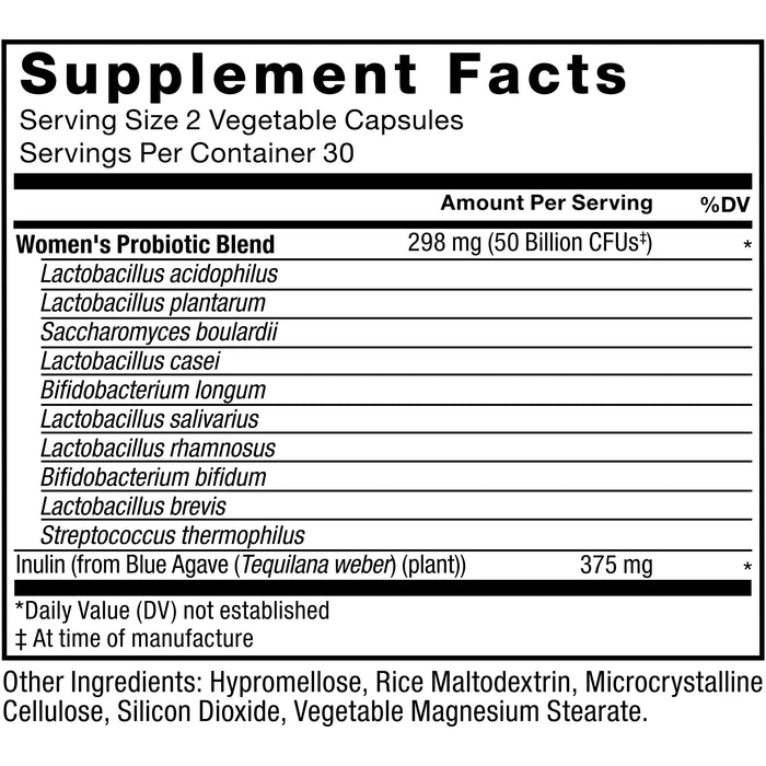 Ingredients You Can Trust: No Artificial Colors, No Artificial Flavors, No Gelatin, No Sugar, No Artificial Sweeteners, No Preservatives. Serving Size: 2 Capsules, Servings Per Container: 30. Amount Per Serving; Women's Probiotic Blend: 298 mg (50 Billion CFUs‡),* Lactobacillus acidophilus, Lactobacillus plantarum, Saccharomyces boulardii, Lactobacillus casei, Bifidobacterium longum, Lactobacillus salivarius, Lactobacillus rhamnosus, Bifidobacterium bifidum, Lactobacillus brevis, Streptococcus thermophilus, Inulin (from Blue Agave (Tequilana weber) (plant)): 375 mg,* 