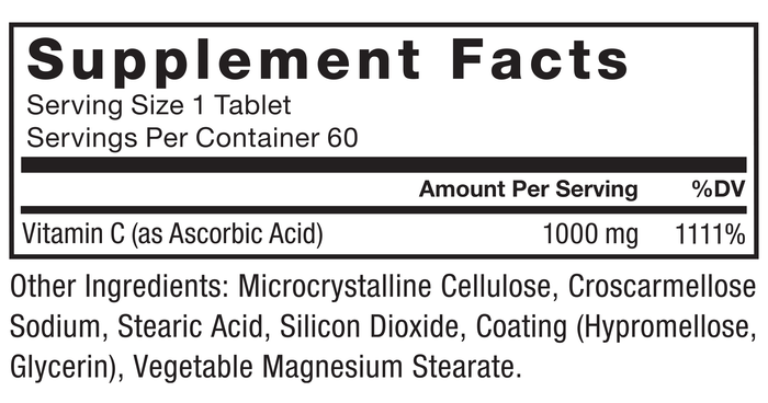 Ingredients You Can Trust: No Artificial Colors, No Artificial Flavors, No Gelatin, No Sugar, No Artificial Sweeteners, No Preservatives.Serving Size 1 Tablet, Servings Per Container 60, Amount Per Serving, %DV, Vitamin C (as Ascorbic Acid) 1000 mg, 1111%, Other Ingredients: Microcrystalline Cellulose, Croscarmellose Sodium, Stearic Acid, Silicon Dioxide, Coating (Hypromellose, Glycerin), Vegetable Magnesium Stearate.