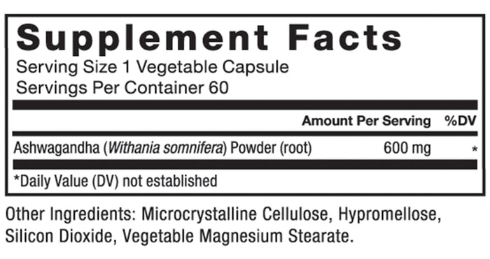 Ingredients You Can Trust: No Artificial Colors, No Artificial Flavors, No Gelatin, No Sugar, No Artificial Sweeteners, No Preservatives.Serving Size: 1 Vegetable Capsule, Servings Per Container: 60, Ashwagandha (Withania somnifera) Powder (root): 600 mg, *Daily Value (DV) not established, Other Ingredients: Microcrystalline Cellulose, Hypromellose, Silicon Dioxide, Vegetable Magnesium Stearate.