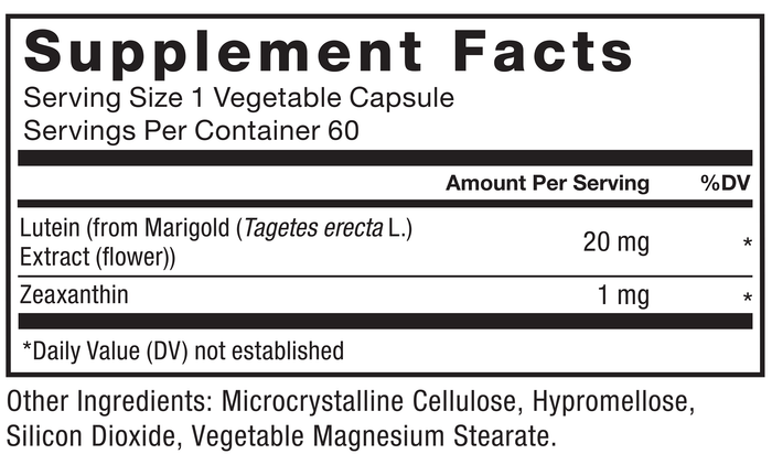 Ingredients You Can Trust: No Artificial Colors, No Artificial Flavors, No Gelatin, No Sugar, No Artificial Sweeteners, No Preservatives. Serving Size 1 Vegetable Capsule, Servings Per Container 60, Amount Per Serving, Lutein (from Marigold (Tagetes erecta L.) Extract (flower)) 20 mg*, Zeaxanthin 1 mg*. *Daily Value (DV) not established. Other Ingredients: Microcrystalline Cellulose, Hypromellose, Silicon Dioxide, Vegetable Magnesium Stearate.