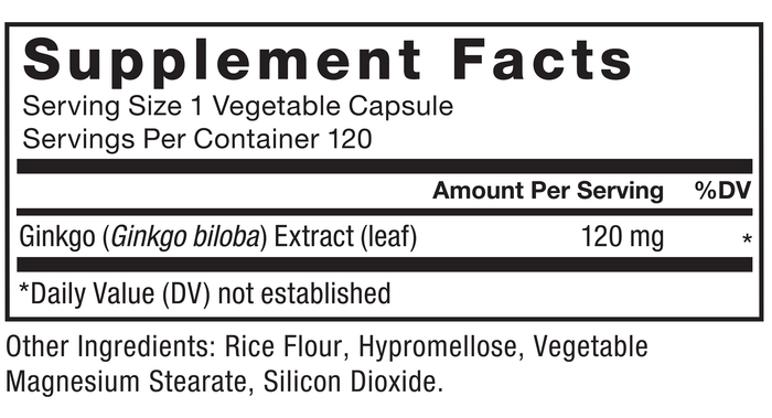 Ingredients You Can Trust: No Artificial Colors, No Artificial Flavors, No Gelatin, No Sugar, No Artificial Sweeteners, No Preservatives. Supplement Facts, Serving Size 1 Vegetable Capsule, Servings Per Container 120, Amount Per Serving %DV, Ginkgo (Ginkgo biloba) Extract (leaf), 120 mg, *. Other Ingredients: Rice Flour, Hypromellose, Vegetable Magnesium Stearate, Silicon Dioxide.